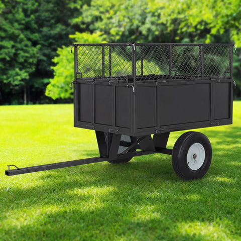 Heavy Duty 750 Lb Steel Dump Cart With 17 Cu Ft Bed Removable Mesh Sides Tow Behind Garden Wagon on lawn