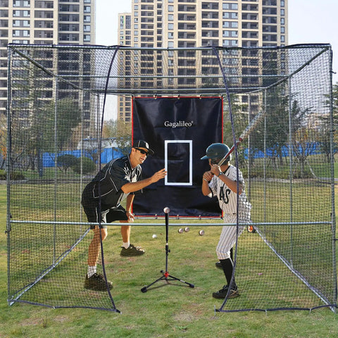 Father coaching son in 6x8Ft Batting Cage Backstop With Heavy Duty Padding And Strike Zone Vinyl Net Protector For Baseball And Softball Backyard Practice And Training Facility Shield
