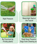 Heavy Duty Stainless Steel Garden Hose 3 Feet Short All Metal Water Hose No Kink Built To Last Durable Flexible Lightweight For Tight Spaces High Pressure Home Yard with various uses displayed.