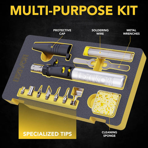 Butane Soldering Iron Multi Purpose Kit Cordless Self Igniting Adjustable Flame 7 Tip Set Pro Grade 125 Watt Equivalent 13 Piece Accessory Bundle For Electronics Jewelry Plumbing And More displaying components in foam tray