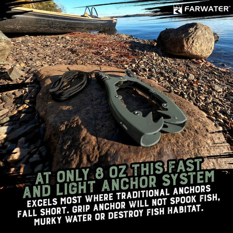 Canoe Kayak Anchor Grip With Teeth Clamps And 15ft Paracord, patented design on rocky shoreline next to water's edge.