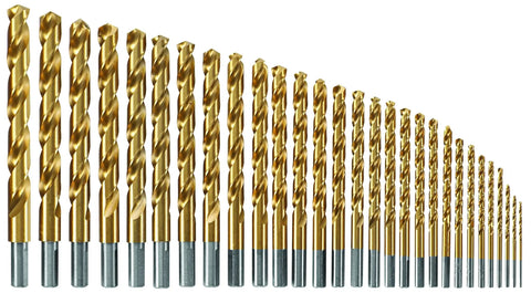 Three Flat Shank Titanium Nitride Coated Drill Bit Set, 29-Piece With Case, For Heavy Gauge Carbon Steel, Light Gauge Metal, And Hardwood
