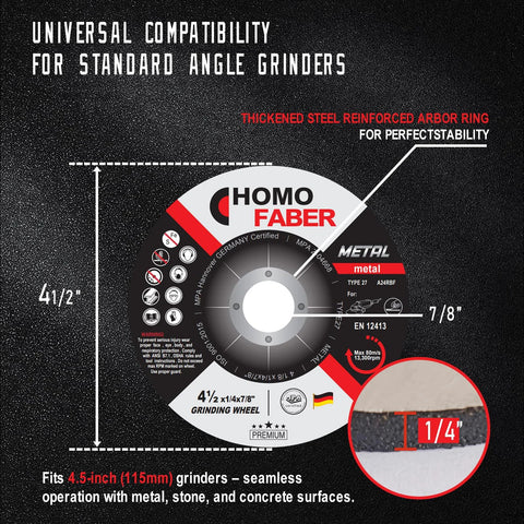 Homo Faber 4-1/2 in depressed-center grinding wheel, 25-pack for metal and stainless steel, 4.5 x 1/4 x 7/8 in