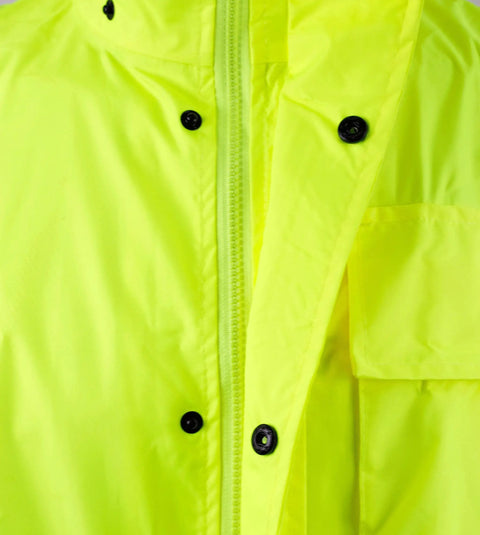 Hi Viz Class 3 Rain Suit Jacket close-up showing reflective lime accents and storm zipper.