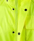 Hi Vis Class 3 Rain Suit With Jacket And Pants, Lime Reflective Work Gear, close-up of jacket, storm zipper, waterproof Oxford shell