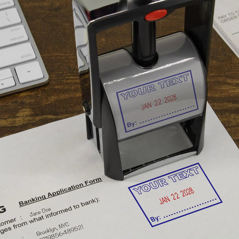 Heavy Duty Self Inking Date Stamp With Approved Phrase And Hella Tough Red Refillable Pads on banking application form