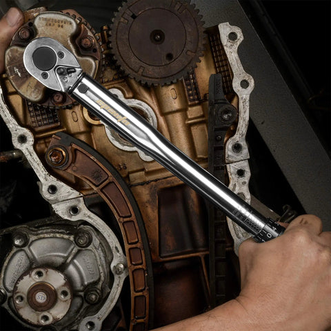 3/8-Inch Drive Click Torque Wrench with 10-80 Ft-Lb Range and 13.6-108.5 Nm in use on engine block, pro grade, pre-calibrated