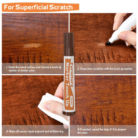 Image showing steps of using Wood Furniture Repair Kit 28 Piece Set with Touch Up Markers and Fillers for scratch repair.