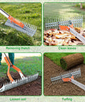 Heavy Duty Thatch Rake for Lawns 15 Inch with Detachable 64 Inch Handle and Adjustable Head Two Sided Dethatcher Rake in use