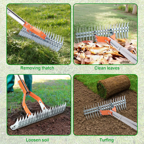 Heavy Duty Thatch Rake for Lawns 15 Inch with Detachable 64 Inch Handle and Adjustable Head Two Sided Dethatcher Rake in use