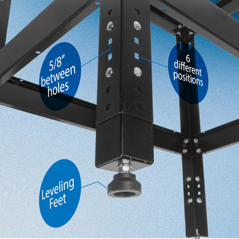 Close-up of Beefed Up Heavy Duty Router Table Stand showing leveling feet and adjustable height with 5/8” placement holes