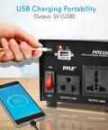 Beefy 500W Step Up Step Down Voltage Converter With USB Charging Port showing dual outlets and USB port, phone charging
