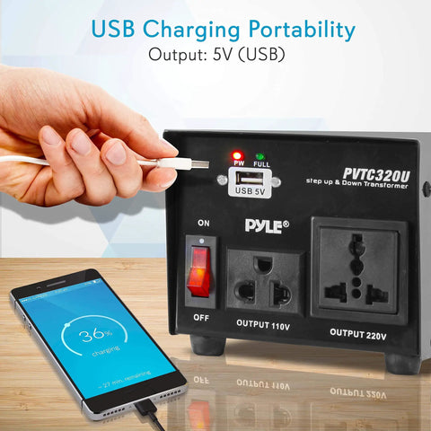 Beefy 500W Step Up Step Down Voltage Converter With USB Charging Port showing dual outlets and USB port, phone charging