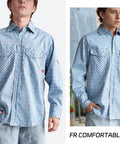 Men's Flame Resistant Plaid Shirt 6.5 Oz Lightweight FR Treated Blue And Red Check With FR Buttons Snap Front Wrinkle Free