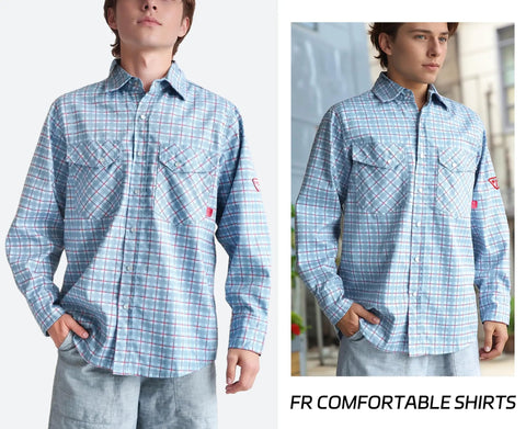 Men's Flame Resistant Plaid Shirt 6.5 Oz Lightweight FR Treated Blue And Red Check With FR Buttons Snap Front Wrinkle Free