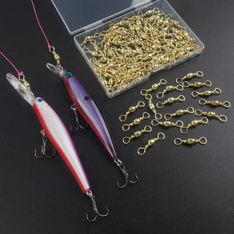 Heavy Duty Barrel Swivels With Solid Ring And Line Connector Copper And Stainless Steel Black Nickel Coat Rolling Ball Bearing 100 Piece Pack 35 To 105 Lb Test Ideal For Bass And Freshwater Fishing, gold swivels in tray