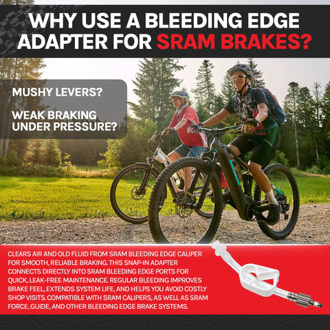 Cyclists on a trail with inset image of Bleeding Edge Adapter Tool For SRAM Brake Bleed Kit And DOT 5 1 Flow Caliper Fitting.