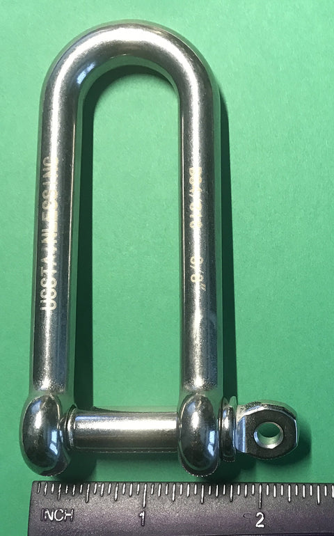 Long D Shackle 316 Stainless Steel Marine Grade Three Eighths Inch Heavy Duty Boat Hardware Saltwater Ready Corrosion Resistant Marine Rigging Shackle Not For Overhead Lifting next to ruler