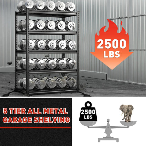 72 Inch High Garage Shelving Unit With 2500 Lbs Total Capacity For Home Garages And Light Commercial Use, Beefy Steel Storage Racks To Stash Tools, Parts, Boxes, Inventory And More, five-tier metal shelving