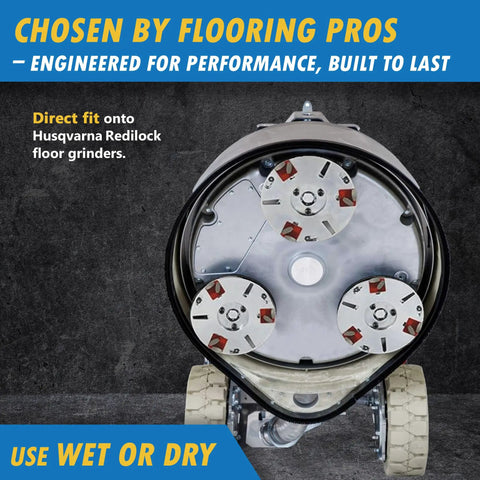Bottom view of Redi Lock Concrete Grinding Discs Set Of 3 Medium Bond 30 40 Grit Wet Or Dry Use Fits Husqvarna Grinders