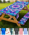 Fitted Picnic Table Cover Set With Bench Covers Vinyl Waterproof Elastic Edges 3 Piece Set on 6 Ft Table in outdoor setting