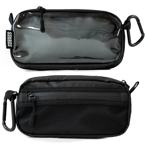 Front and back view of Neo Zipper Gear Organizer Bag For Electronics And Cameras Cable Organizer Pouch Travel Camera Essentials Extra Small Black Durable Grab And Go 600D Polyester With Water Resistant TPU Layer.
