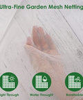 Close-up of a hand touching Heavy Duty Garden Mesh Netting For Plants 10x33 Feet Insect Proof Garden Cover Bug Netting.