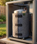 Top Shelf Outdoor AC Compressor Soundproofing Foam Wrap With Heavy Duty Straps and Self Adhesive Insulation Blanket covering unit.