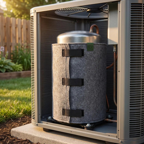 Top Shelf Outdoor AC Compressor Soundproofing Foam Wrap With Heavy Duty Straps and Self Adhesive Insulation Blanket covering unit.