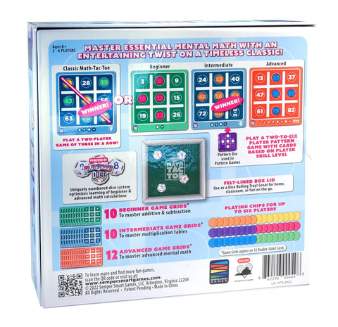 Box back view of Play Smart Dice Math Tac Toe Game Sharpen Mental Math With A Fun Twist On A Timeless Classic Multilevel Math Bingo