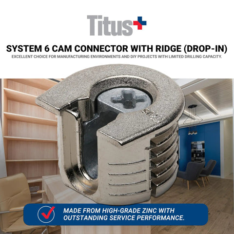 Pro Grade Zinc Cam Lock Connectors For 19mm Panels, Drop In Ridge System Six Hardware, Nickel Plated Furniture Fasteners close-up view.