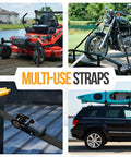 Heavy Duty Ratchet Strap Set 2300 Lb Break Strength 4 Pack 15 Feet By 1 Inch Wide With Soft Loops securing various cargo