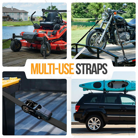 Heavy Duty Ratchet Strap Set 2300 Lb Break Strength 4 Pack 15 Feet By 1 Inch Wide With Soft Loops securing various cargo