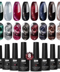Cat Eye Gel Nail Polish Set With Magnetic 3D Glitter Effect, 8 Color UV Varnish Kit, HEMA Free, 0.25 Fl Oz Each and polish bottles