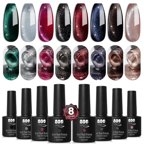 Cat Eye Gel Nail Polish Set With Magnetic 3D Glitter Effect, 8 Color UV Varnish Kit, HEMA Free, 0.25 Fl Oz Each and polish bottles