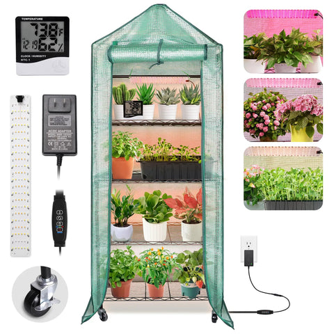 Four Tier Indoor Mini Greenhouse With Grow Lights 32W Full Spectrum Plant Light With Timer, adjustable shelves, and portable wheels