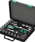 Open case of 38 Piece SAE Ratchet Set With Three Eighths Drive Includes 12 Sockets Two Flexible Extensions Sliding T-Handle Universal Joint Wobble Extension Adapter And 19 Bits All In One Tool For Fast Handy Home And Shop Repairs Turns Into A Screwdriver