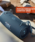Rugged Outdoor Ready Portable Bluetooth Speaker With Sick Bass And Massive Sound, IP67 Waterproof, portable design with strap.