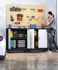 Heavy Duty Metal Storage Cabinet On Wheels With Locking Doors And Adjustable Shelves for garage organization, open with tools inside.