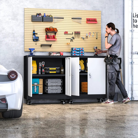 Heavy Duty Metal Storage Cabinet On Wheels With Locking Doors And Adjustable Shelves for garage organization, open with tools inside.