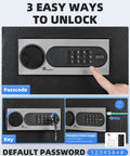 Home Safe Box 2.0 Cu Ft With Fireproof Waterproof Bag Digital Electronic Keypad Dual Alarm System And Removable Shelf Pry-Resistant Door with unlocking methods displayed