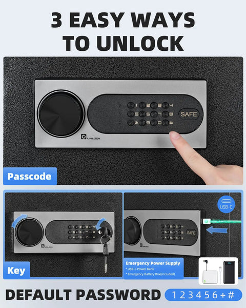 Home Safe Box 2.0 Cu Ft With Fireproof Waterproof Bag Digital Electronic Keypad Dual Alarm System And Removable Shelf Pry-Resistant Door with unlocking methods displayed