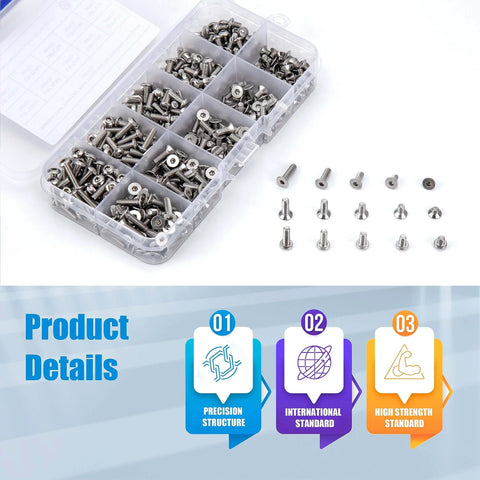 Pro Grade Metric Machine Screw Assortment Kit With 500 Pieces Including 250 Hex Button Head Cap Bolts And 250 Hex Socket Flat Head Screws M3 Stainless Steel Hardware For Builders And DIYers And Makers in plastic organizer with labels on standards and structure