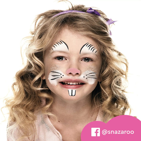 Top Shelf Fantasy Face Paint Palette Kit Featuring Skin Safe Cosmetics Grade Pigments With Smooth Metallic Sparkle Shades Includes Quick Dry Brush And Carry Case Killer For Halloween Festivals And Birthday Bash Body Art. Young girl with bunny face paint showcasing vibrant colors.