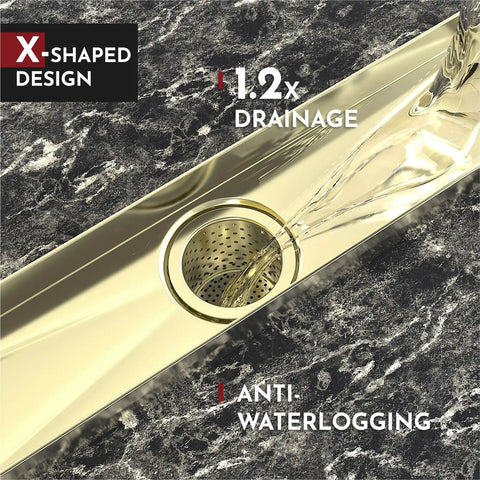 12 Inch Linear Shower Drain Kit With Rectangular Floor Drain, Reversible 2 In 1 Cover, Tile Insert, Brushed Gold Grate