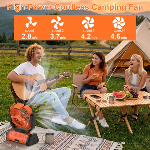 Camping scene with Cordless Camping Fan With 20000mAh Battery, LED Light, friends enjoying breeze around table