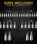 Chart showing sizes of Master Torx Bit Socket Set 34 Piece Premium S2 Alloy Steel With Solid Star And Tamper Proof Bits T6 To T70.