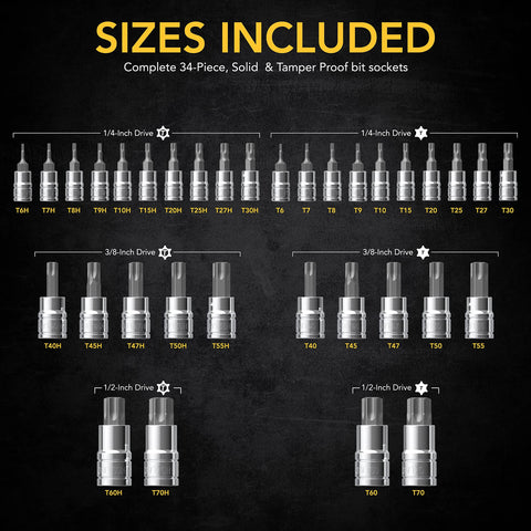 Chart showing sizes of Master Torx Bit Socket Set 34 Piece Premium S2 Alloy Steel With Solid Star And Tamper Proof Bits T6 To T70.