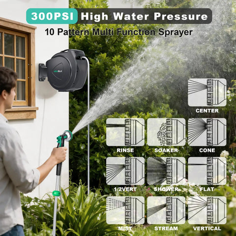 Person using Auto Retractable Garden Hose Reel With One Hundred Feet Of Five Eighth Inch Hose Wall Mount Heavy Duty Build 9 Pattern Nozzle