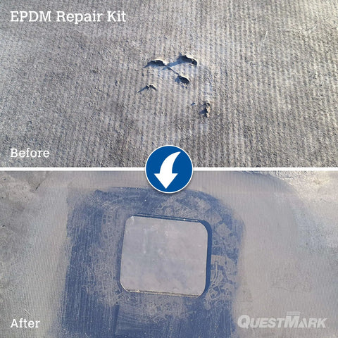 EPDM Roof Patch And Repair Kit For DIY Leaks And Patches With 6 Inch Flashing includes before and after repair views